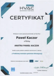 Certyfikat Paweł Kaczor podstawy montażu klimatyzacji