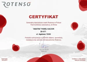 Certyfikat autoryzacji w zakresie doboru, sprzedaży, instalacji oraz serwisu klimatyzatorów Rotenso
