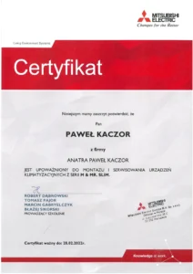 certyfikat upoważnienie do montażu i serwisu urządzeń klimatyzacyjnych z serii M & MR.SLIM
