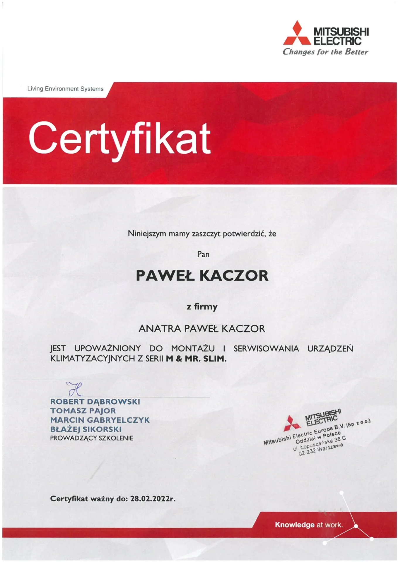 certyfikat upoważnienie do montażu i serwisu urządzeń klimatyzacyjnych z serii M & MR.SLIM