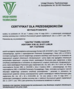 certyfikat z UDT dla przedsiębiorcy Centrum Klimatyzacji i Rekuperacji Paweł Kaczor